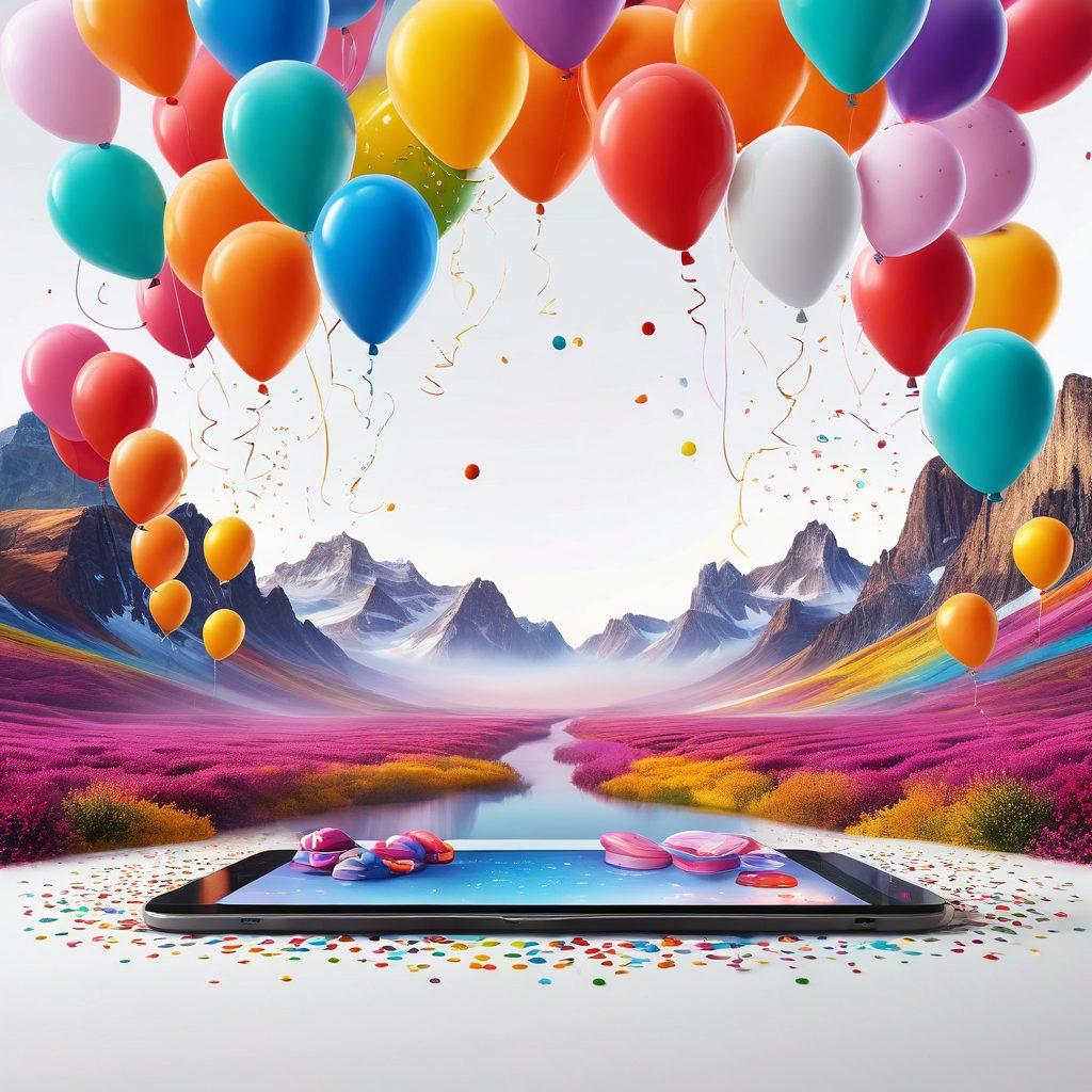 A vibrant digital marketplace brimming with colorful products, with happy customers joyfully interacting with each other and the online platform on various devices. Include elements symbolizing happiness like balloons, confetti, and bright lighting. The backdrop features a dreamy landscape that merges the digital and physical worlds, showcasing the thrill of e-commerce. super-realistic. vibrant colors. white background.
