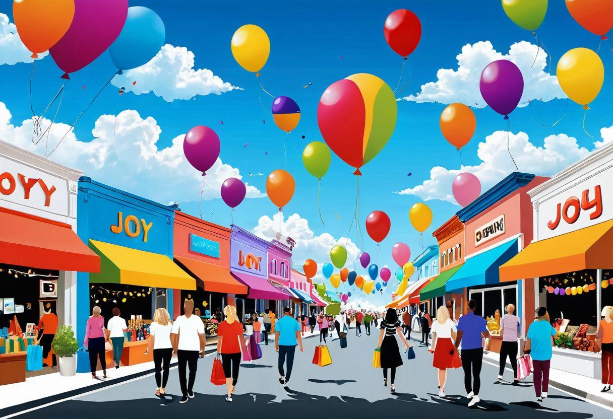 A whimsical digital marketplace scene bustling with vibrant colors, showcasing diverse people joyfully shopping for unique products. Incorporate bright storefronts displaying eclectic items, smiling shoppers with shopping bags, and floating balloons to symbolize joy and elevation. The background should feature a blue sky and fluffy clouds to enhance the cheerful atmosphere. cartoon style. vibrant colors. white background.