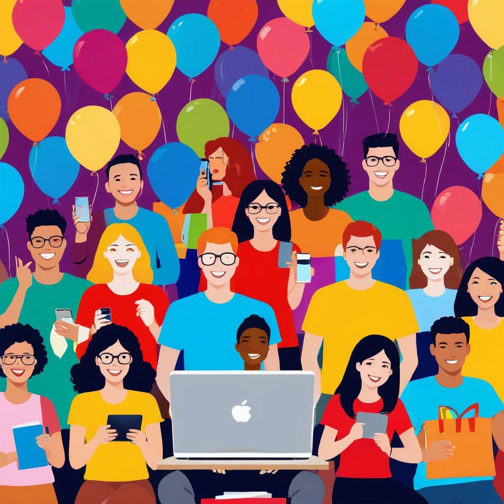 A vibrant illustration depicting a diverse group of people joyfully shopping online, surrounded by colorful packages and happy expressions. Include elements of technology like laptops and smartphones, with pop-up notifications showcasing sales and discounts. The background should feature a bright, cheerful color palette that signifies happiness and excitement. Add lighthearted icons like smiley faces and balloons to enhance the joyful atmosphere. vibrant colors. vector art.